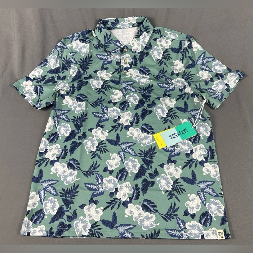 Fair Harbor Golf Shirt Polo Floral Print Medium Green Polyester Spandex